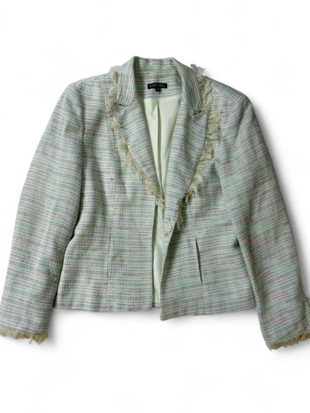 Boho Tweed Fringed Blazer Jacket in Mint Green